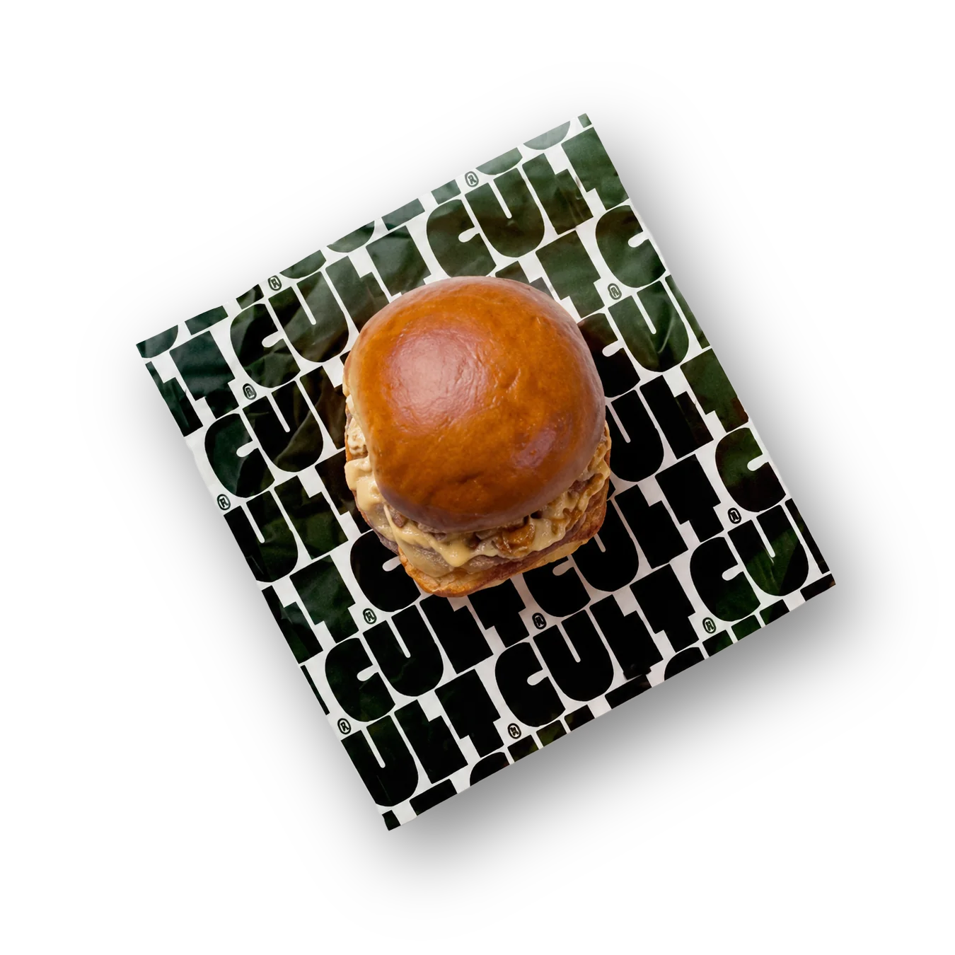 Burger on a patterned napkin