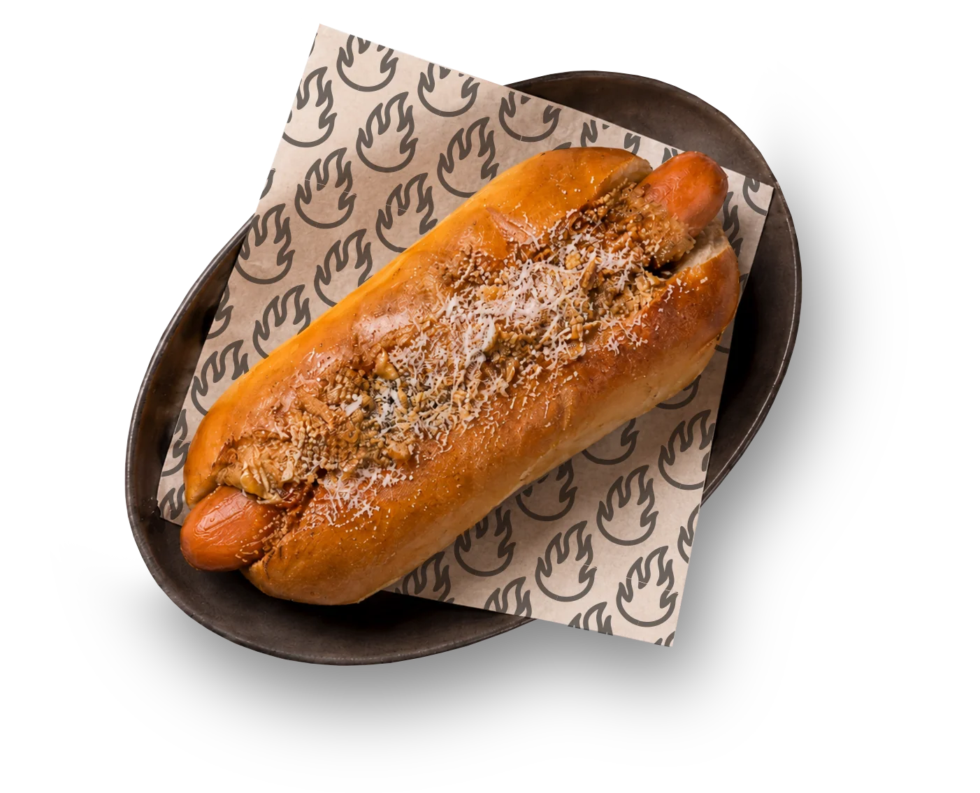 Hot dog on a patterned plate